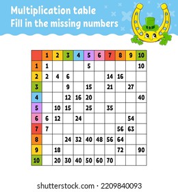 Paste the missing numbers. Learning multiplication table. Handwriting practice. Education developing worksheet. Color activity page. Game for children. Isolated vector illustration in cartoon style.