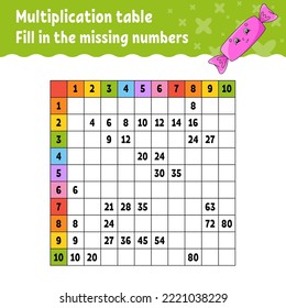 Paste the missing numbers. Learning multiplication table. Handwriting practice. Education developing worksheet. Color activity page. Game for children. Vector illustration.