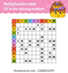 Paste the missing numbers. Learning multiplication table. Handwriting practice. Education developing worksheet. Color activity page. Game for children. Vector illustration.