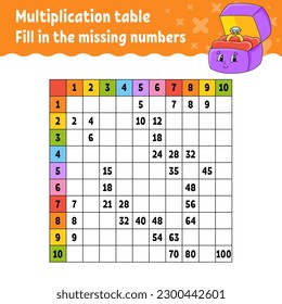 Paste the missing numbers. Learning multiplication table. Handwriting practice. Education developing worksheet. Color activity page. Game for children. Vector illustration.