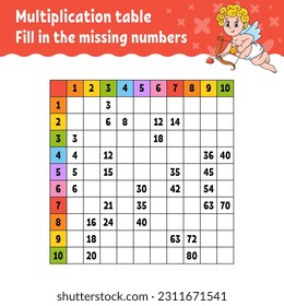 Paste the missing numbers. Learning multiplication table. Handwriting practice. Education developing worksheet. Color activity page. Game for children. Vector illustration.