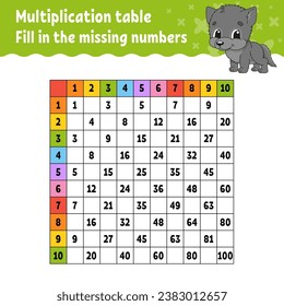 Paste the missing numbers. Learning multiplication table. Handwriting practice. Education developing worksheet. Color activity page. Game for children. Vector illustration.