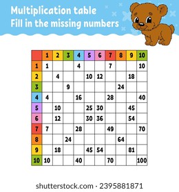 Paste the missing numbers. Learning multiplication table. Handwriting practice. Education developing worksheet. Color activity page. Game for children. Vector illustration.