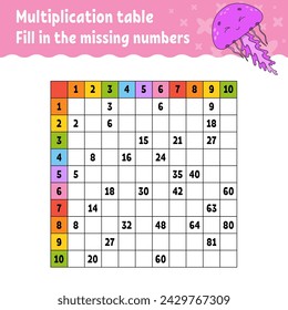 Paste the missing numbers. Learning multiplication table. Handwriting practice. Education developing worksheet. Color activity page. Game for children. Vector illustration.