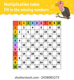 Pegue los números que faltan. Aprendiendo tabla de multiplicación. Práctica de escritura. Educación desarrollando hoja de cálculo. Página de actividad de color. Juego para niños. Ilustración vectorial.