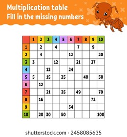 Pegue los números que faltan. Aprendiendo tabla de multiplicación. Práctica de escritura. Educación desarrollando hoja de cálculo. Página de actividad de color. Juego para niños. Ilustración vectorial.