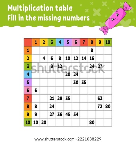 Paste the missing numbers. Learning multiplication table. Handwriting practice. Education developing worksheet. Color activity page. Game for children. Vector illustration.