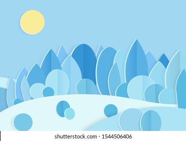 Pasteboard blue winter forest flat vector illustration. Scenic snowscape paper art. Sunny cold day. Snowy nature view. Wintertime outdoor scene. Seasonal nature background with snow