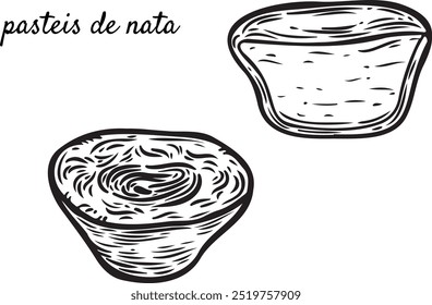 Pasteis de nata Ilustración vectorial tradicional portuguesa de dibujo de línea de postre.