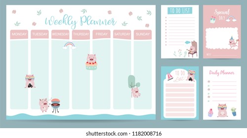 Pastel 2019 weekly calendar planner with pig,rainbow,gift,cactus,glasses and cupcake