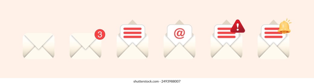 Pastellfarbenes 3D-E-Mail-Symbol-Set: Umschläge, E-Mail-Prüfung, Nachrichtenbenachrichtigungen, Warnmeldungen, Sicherheits- und Kommunikationssymbole. Vektorgrafik.