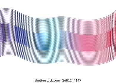 Ondas de fita 3D pastel. Fluxo de linhas rosa suave a azul decoradas com textura de malha delicada e gradientes suaves. Fundo abstrato moderno.