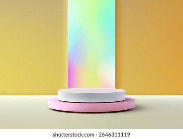 pastel 3d two tiered podium with a white top and pink base sits on a cream surface, framed by an iridescent gradient strip and yellow wall, perfect for modern product display mockups