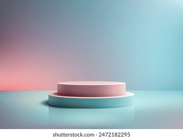 Pastel 3D Two Tone Pink and Blue Podium on Blue Background for Minimalist Product Display Mockup Showcase