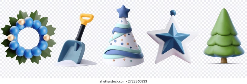 Conjunto de iconos de vacaciones de invierno de Vector 3D pastel con Navidades de corona de nieve pala partido sombrero estrella ornamento y pino aislado sobre fondo transparente