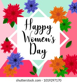 Pastel 8 March. Floral Greeting card. Happy Women's Day. Paper cut flower holiday background with square Frame, space for text. Origami Trendy Design Template. Happy Mother's Day. Vector illustration