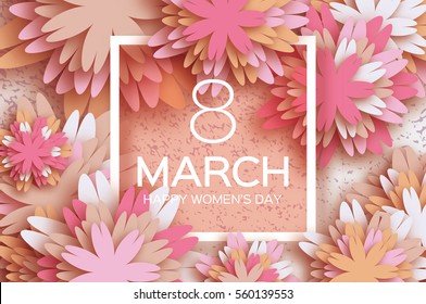 Pastel 8 March. Floral Greeting card. Happy Women's Day. Paper cut flower holiday background with square Frame, space for text. Origami Trendy Design Template. Happy Mother's Day. Vector illustration