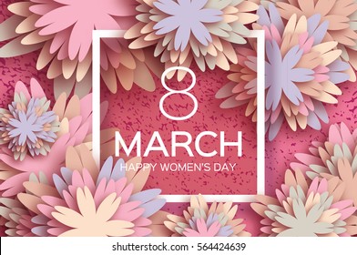 Pastel 8 March. Floral Greeting card. Happy Women's Day. Paper cut flower holiday background with square Frame, space for text. Origami Trendy Design Template. Happy Mother's Day. Vector illustration