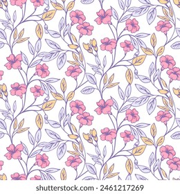  Pastel abstract artistic branches with ditsy wild flowers, leaves seamless pattern. Creative gently floral stems intertwined in a printing. Vector hand drawn. Template for designs