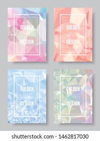 Pastel abstract book cover design template, white demo text layout on glitter CMYK printing brochure. Gradient shading rainbow low polygon style, colorful party invitation card.