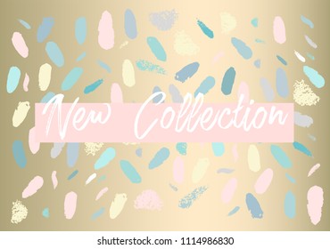 Pastel Abstract Brush stroke Confetti shapes on Gold background. New Collection fashion header or advertising banner template. Can use for invitation card, business card, wedding, seasonal clearance.