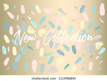 Pastel Abstract Brush stroke Confetti shapes on Gold background. New Collection fashion header or advertising banner template. Can use for invitation card, business card, wedding, seasonal clearance.