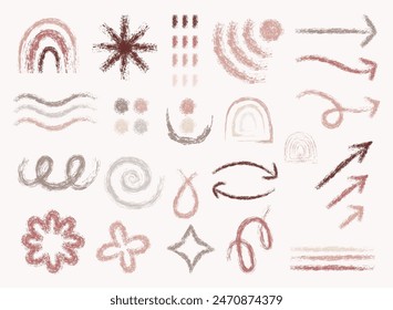 Pastel abstract doodles shapes and figures, arch arrows and design elements drawn chalk or Crayon doodles organic colors.Minimal geometric set, abstract and primitive shapes with crayon texture.Vector