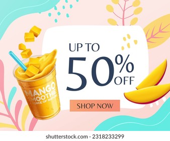 Pastel abstract floral sale promotion template with mango smoothie and sliced fruit.