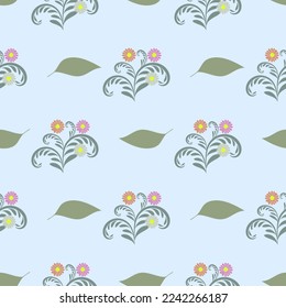 Pastel abstract flowers on blue seamless pattern. Fashion graphic background. Modern stylish abstract texture. Design colorful template for prints, textiles, wallpaper. Vector illustration