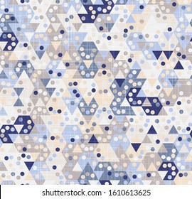 Pastel Abstract Geometric Seamless Pattern hexagon tiling geo graphic motif with linen fabric texture overlay. Triangles and dots in tiles. Repeat vector swatch.