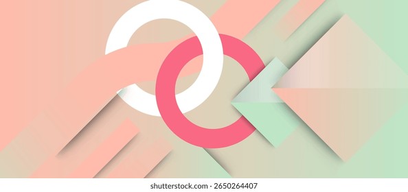 Gráfico abstrato pastel com círculos rosa e branco entrelaçados no fundo de pêssego, formas geométricas em camadas e gradientes de menta criar visual suave e dimensional para projetos de design