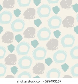 Pastel abstract grunge seamless pattern with hand drawn round geometrical shapes. Infinity background with brush strokes, dots, circles, rings. Messy bubbles. Dotted texture.  Vector illustration.