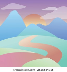 Pastel abstract landscape vector with soft hills, mountains, and curved path made of gradient shapes and lines. Minimalist dreamy scenery for design, background, or nature-inspired projects.