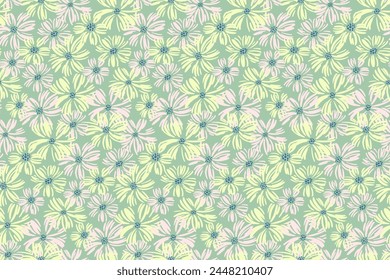 Pastel abstract meadow flowers seamless pattern on a green background. Brush floral texture printing. Vector hand drawn sketch illustration. Template for designs, children textiles, fabric