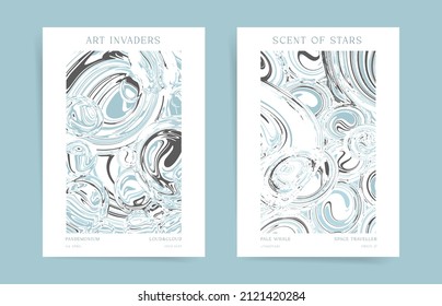 Pastel Abstract minimal template design artwork with typography for poster, flyer, brochure, placard, presentation or cover. Vector blue black and white ink and wavy shape background set.