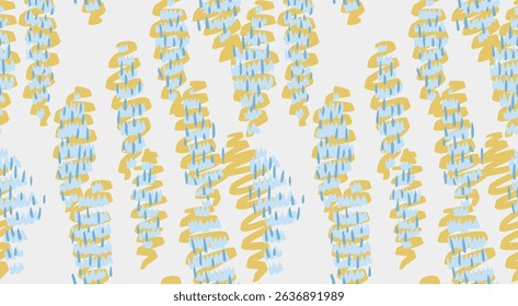 Pastel abstract pattern featuring vertical organic shapes in blue, soft yellow on a light background. Plain unique hand drawn print. Perfect for textiles, stationery, creative designs
