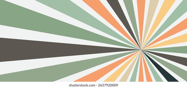 Pastel Abstract Sunburst Background with Radiating Lines in Green, Orange, Peach, Beige, and Muted Browns, Arranged in a Radial Pattern on Light Gray for a Soft, Balanced Visual Composition