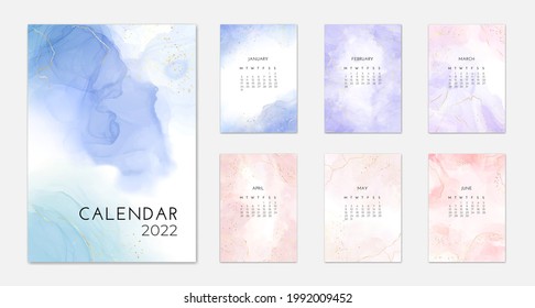 Pastel abstract watercolor 2022 calendar template design, vector illustration with liquid marble alcohol ink effect, gold stains and lines. Week starts from monday, from January to June, part 1.