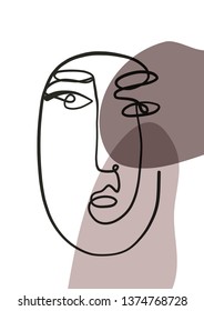 Pastel aesthetic art with portrait in abstract surrealistic cubism style. One line continuous hand drawn doodle vector illustration. Minimalism design for invitations, flyers, placards, posters.