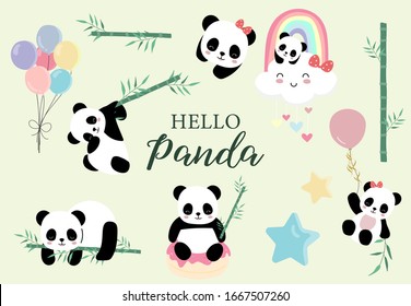 Pastel animal set with panda,rainbow,balloon,heart illustration for sticker,postcard,birthday invitation.Editable element