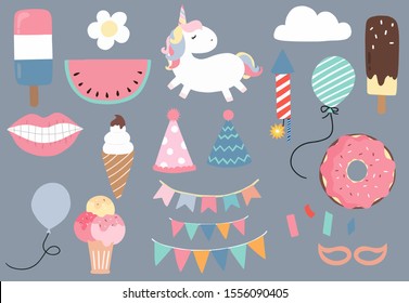 pastel animal unicorn set with unicorn,watermelon,ice cream,donut,flag.Vector illustration for sticker,postcad,birthday invitation.Editable element