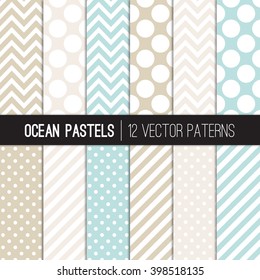 Pastel Aqua Blue, Beige, Tan and White Polka Dots, Chevron and Candy Stripes Patterns. Modern Geometric Backgrounds. Vector EPS File Pattern Swatches made with Global Colors.