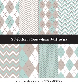 Pastel Aqua Blue and Warm Gray Argyle and Chevron Zigzag Stripes Vector Patterns. Soft Color Baby Boy Decor Backgrounds. Pattern Tile Swatches Included.