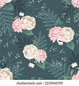 Pastel asters and peonies with petals and leaves on a light green grey background. Vector illustration for print  textile, fabric, wrapping paper.