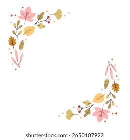 Pastel autumn leaf corner frame in kawaii style. Textured hand-drawn illustration. Soft fall color palette, perfect for greeting cards, Thanksgiving invitations, scrapbooking, and seasonal design