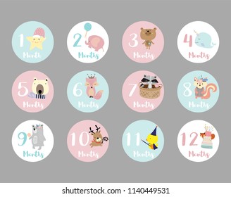 Pastel baby number sticker with star,elephant,bear,skunk,squirrel,fox,bear,reindeer and narwhal