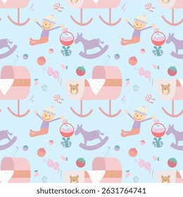 A pastel baby pattern collection featuring adorable clouds, ball, toys, and rainbows. Designed for seamless tiling and perfect for baby clothes, nursery décor, baby shower invitations, and wrapping