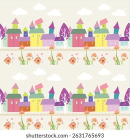 A pastel baby pattern collection featuring adorable clouds, home,cars,bir, and rainbows. Designed for seamless tiling and perfect for baby clothes, nursery décor, baby shower invitations, and wrapping
