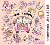 Pastel Back to School Clipart Cute Coquette School Supplies with Bow Design Hand Drawn set