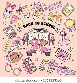 Pastel Back to School Clipart Cute Coquette School Supplies with Bow Design Hand Drawn set